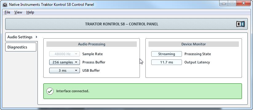 The S8 Audio Interface and Control Panel Settings on Windows: The Control Panel Audio Settings pane in S8's Control Panel application Audio Processing Section This section provides settings for the