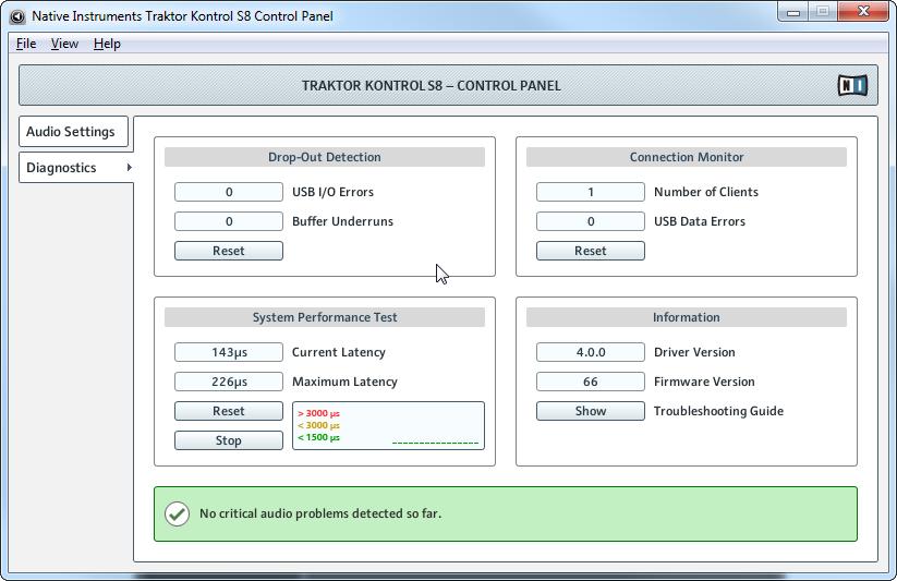 The S8 Audio Interface and Control Panel Settings on Windows: The Control Panel Diagnostics panel in S8's Control Panel application Drop-Out Detection Section This section provides data for