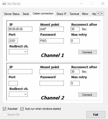 4.3 Caster connection The Caster connection tab allows you to push the correction streams to an NTrip Caster. Eos Server channels will then be seen as mountpoints in the sourcetable of the caster.