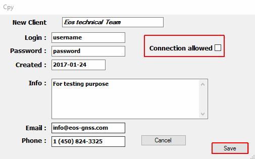In this case, a list of allowed connections, with usernames and passwords, must be set with the Client button. To add a client, click on the Client box.