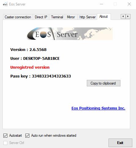 4.8 About The About tab shows the version of the application, the computer name, the registration status of the license and the pass key needed to activate your Eos Server license.
