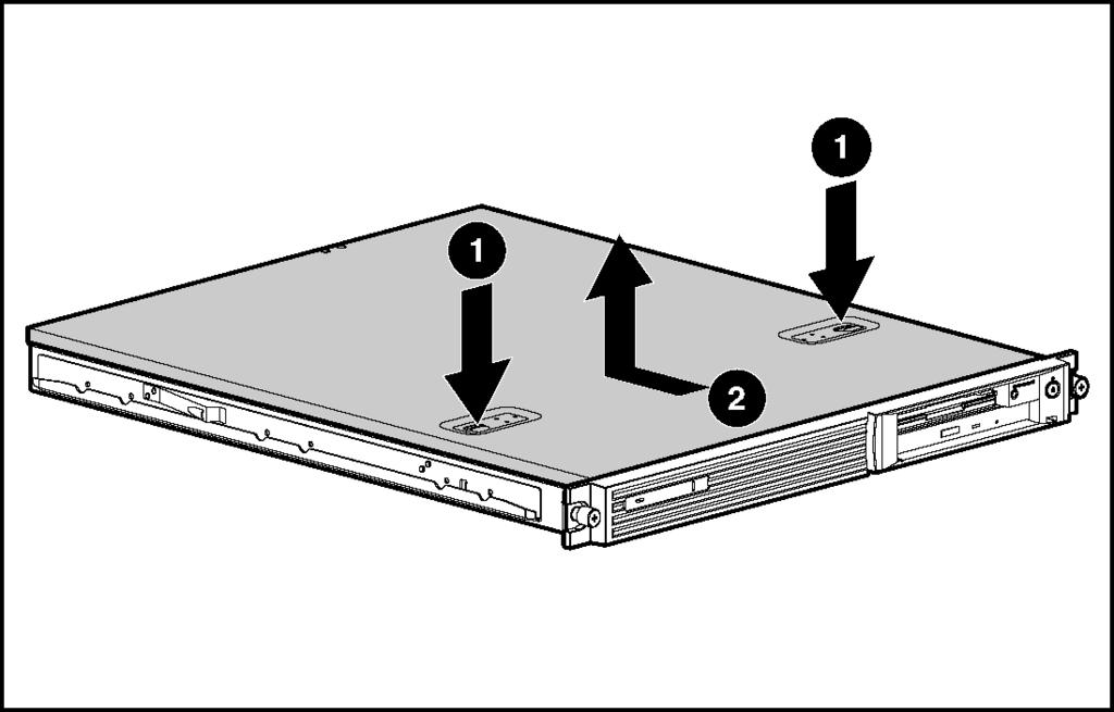 To remove the access panel: 1. Power down the server. See Powering Down the Server in this chapter. 2. Press and hold down the locking latches (1). 3. Slide the access panel approximately 1.25 cm (0.