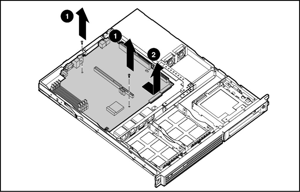 14. Remove all Phillips head screws that secure the system board to the chassis (1). 15. Slide the system board 0.7 mm (0.