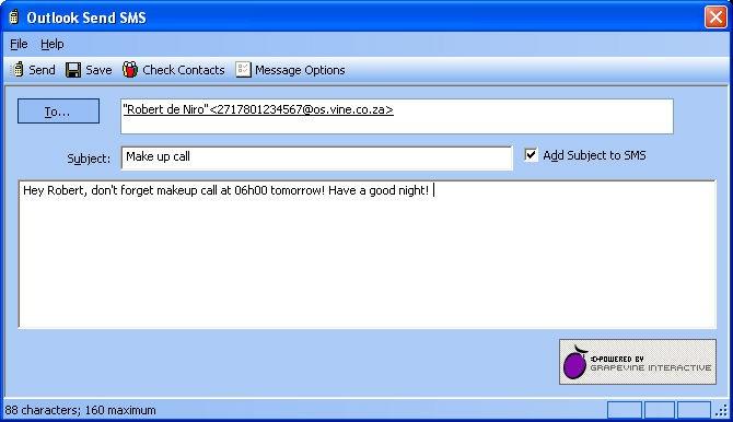 Send SMS Dialog Use the Send SMS Dialog to create and send SMS messages (see below). You can select recipients from your Outlook contacts folder or type adhoc mobile numbers.