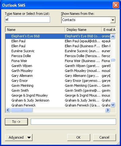 Select Names Dialog Use the Select Names Dialog to choose recipients for your SMS message from your Outlook Contacts folder. NB: only contacts that have email addresses are listed.