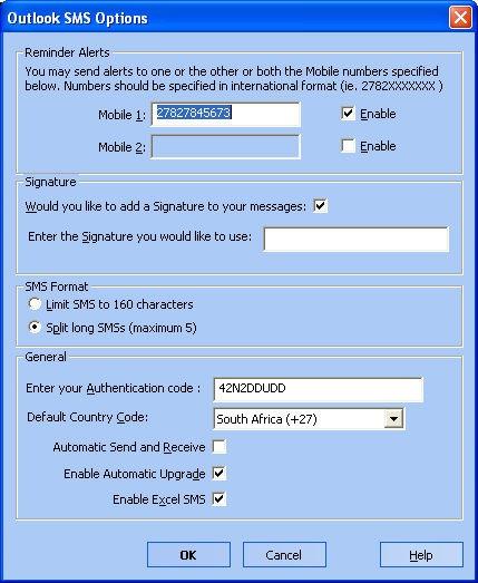 Options Dialog Use the Options Dialog to edit your Outlook SMS configuration settings (which include your mobile number, authentication code, signature, etc.) See below.