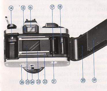 Film rewind knob/back cover opener 9. Self timer lever 10. Lens lock release lever 11. Aperture ring 12.