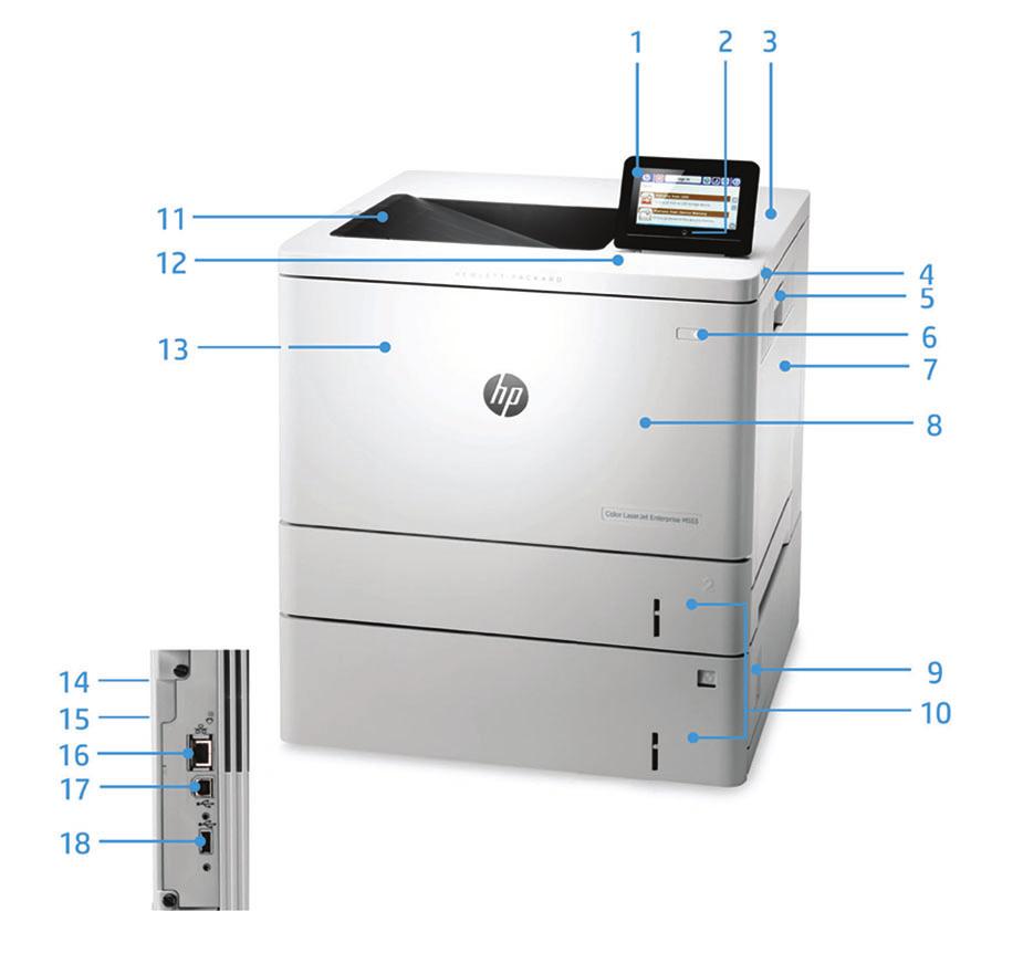 Product walkaround HP Color LaserJet Enterprise M553x shown: 1. Intuitive 10.9 cm (4.3-inch) colour VGA control panel tilts up for easier viewing 2. Home button (returns to home screen) 3.