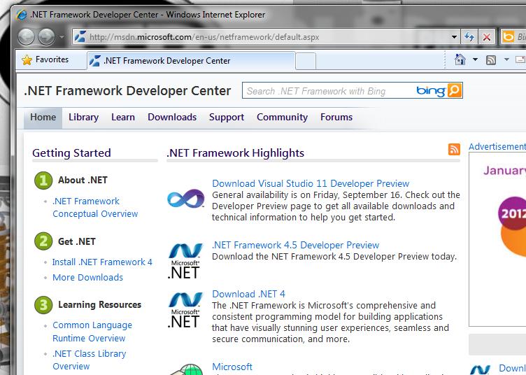 Select the 3 rd link in.net Framework Highlights column labeled Download.NET 4. Figure 3 Microsoft.NET Framework Developer Center 2.
