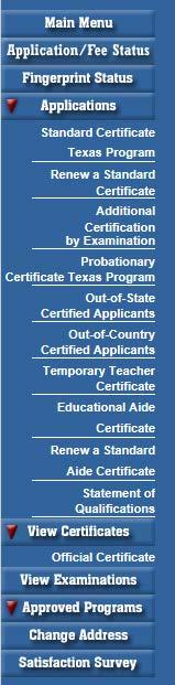 Click options in the left menu to perform tasks such as renewing certification, or viewing or printing certificates.