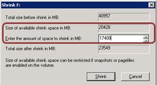 Type the appropriate size lower than the available size and click Shrink. The disk partition shrinks to the required size.