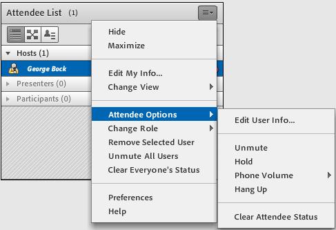 3 MUTE & UNMUTE Select pod options (upper right hand corner of the attendee pod) Select attendee options Select mute Select pod options