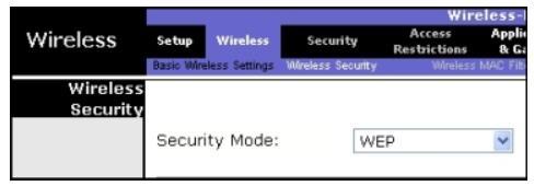 Refer to the graphic. What is the effect of setting the security mode to WEP on the Linksys integrated router?