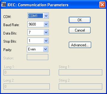 The IDEC: Communications Parameters dialog displays (as follows).