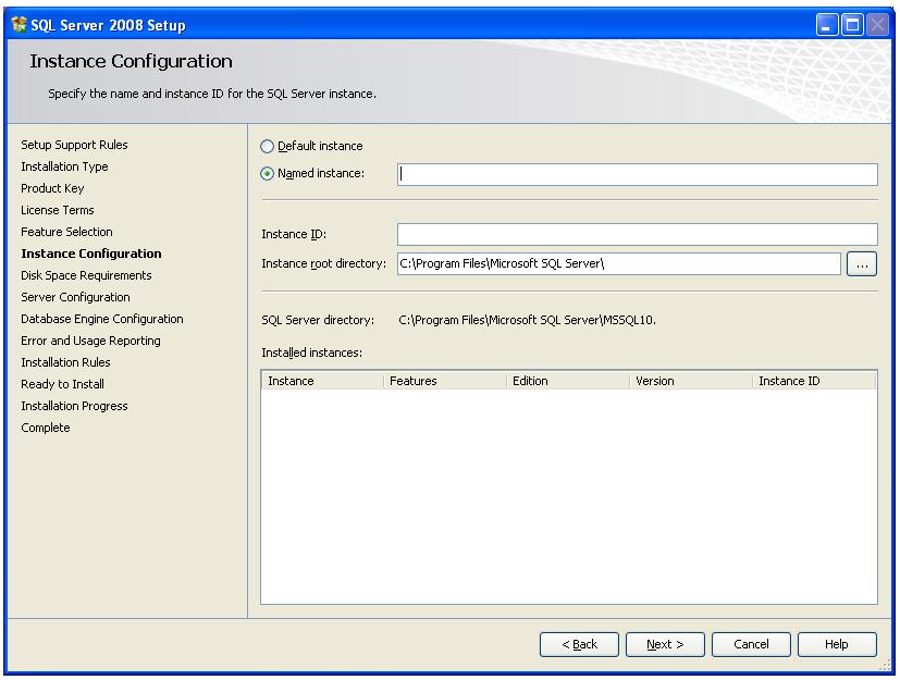 Instance Configuration: Select Named instance,