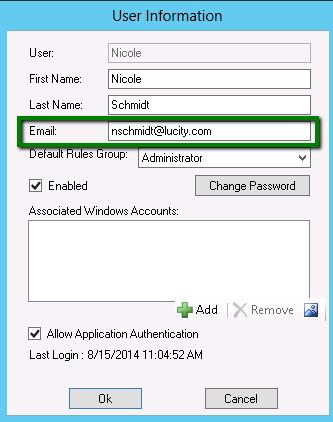 Another important setting in the Lucity Security application is the user email address.