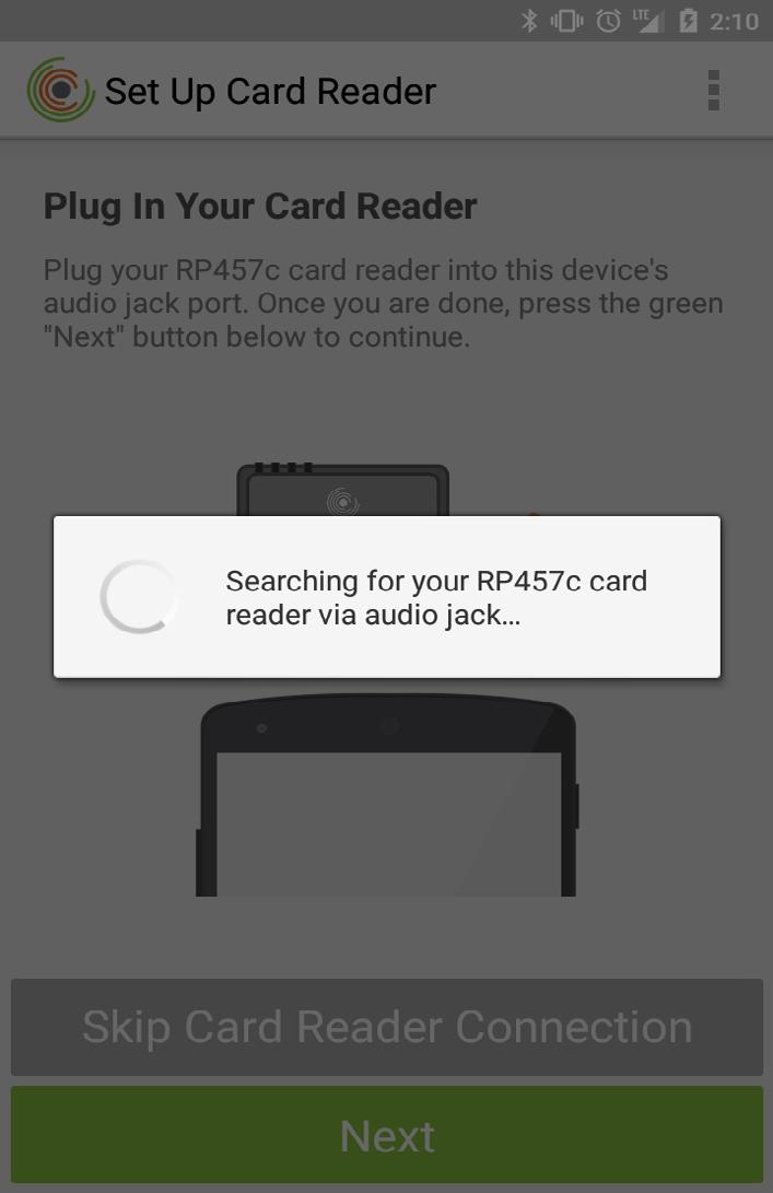 How do I connect an RP457c card reader during first-time setup? During first-time setup, follow Set Up Card Reader wizard to connect your RP457c card reader via audio jack or Bluetooth.