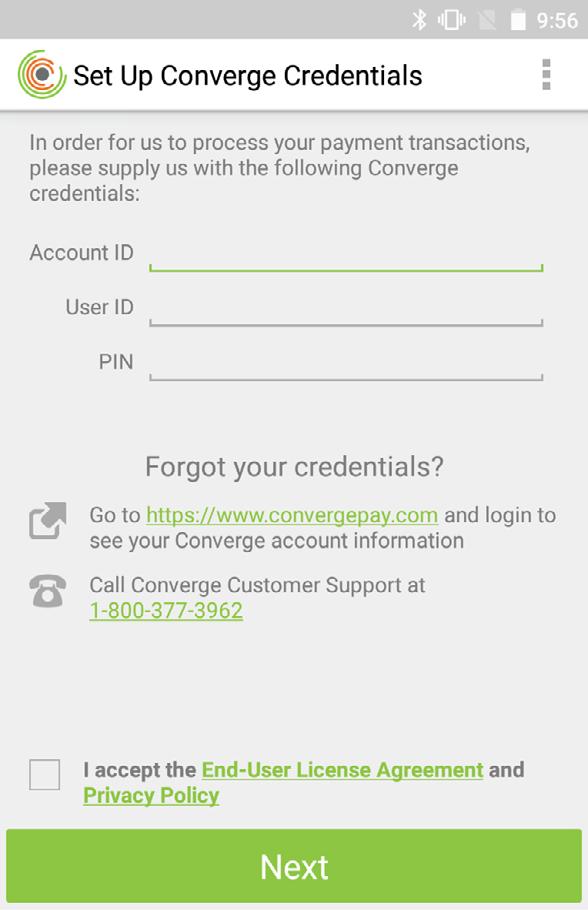 Enter your Account ID, User ID, and PIN to log in. Accept the End-User License Agreement (EULA) at the bottom to proceed.