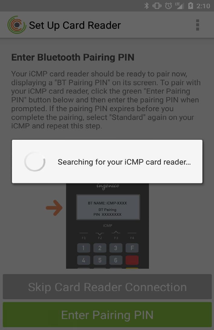 How do I connect an icmp PIN pad during first-time setup? During first-time setup, follow Set Up Card Reader wizard to connect your icmp PIN pad via Bluetooth.