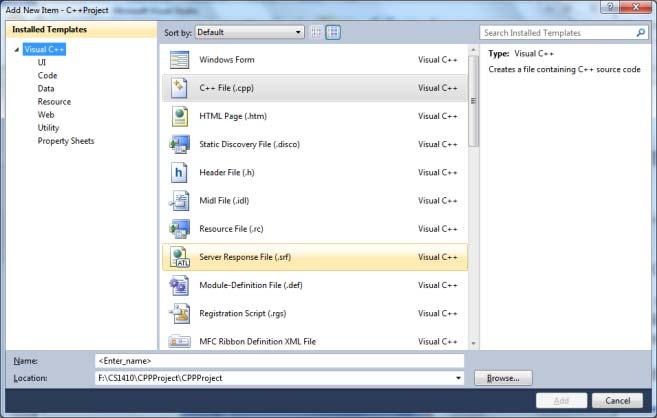 Unit 2: Visual Basic.NET, pages 8 of 9 3. Add New Item Lab4 window will appear as shown below. Select C++ File (.cpp) icon to create a source file. Then type Lab4Task3 in the Name: textbox.