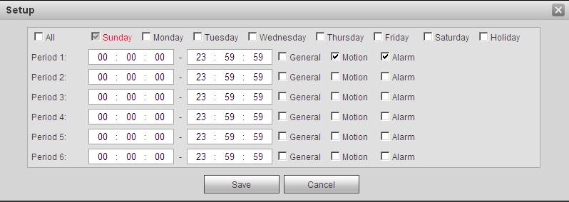 By checking or unchecking, user can add or delete three types of snapshot schedule: General, Motion and Alarm.