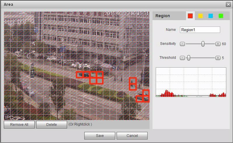 Figure 5-65 2. Set area name, it is to set valid area of motion detection according to the actual situation, and it can set the value of sensitivity and threshold respectively.