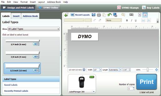 Using DYMO Label Software The following figure shows some of the major features available in DYMO Label software. Visually choose your label type and apply layouts.