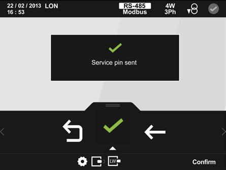 Figure 192: Main configuration screen of the LonWorks module ( Message) The following options also appear at the bottom: Confirm, for deleting the message and to continue browsing the menu.