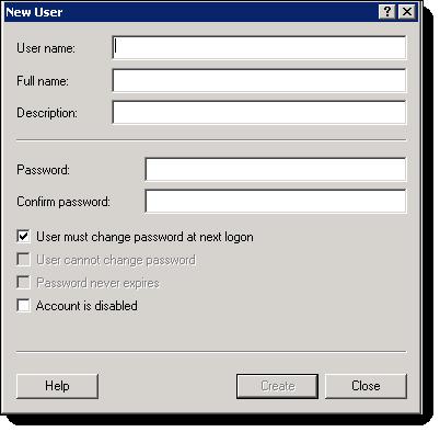 (Windows Server 2012) Under System Tools, click Local Users and Groups. 3. Click Users. Under Users, click More Actions. 4. Click New User. 5. Enter the username in the User name field. 6.