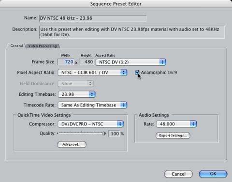 Sequence Presets Window in Final Cut Pro HD For 24P WideScreen 16:9, click on the Sequence Presets tab and select DV NTSC 48 khz 23.