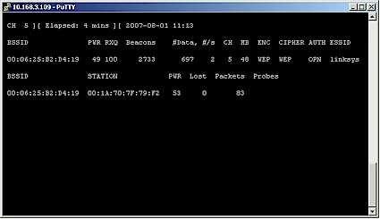9 van 18 23-9-2007 23:01 airodump-ng --ivs --channel 5 --bssid 00:06:25:B2:D4:19 --write capturefile ath0 Figure 5 shows the command result.