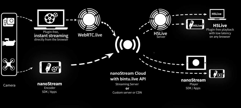 live API (stream management, grouping, tagging) H5Live server (low latency delivery) What is bintu.live? Bintu.