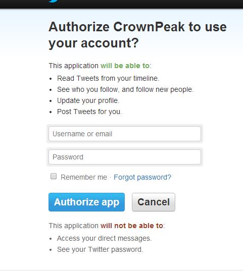 Authorize CrownPeak dialog 3.