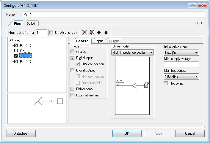 General Purpose Input / Output (GPIO) PSoC Creator Component Datasheet Component Parameters Drag a GPIO Component onto the design schematic and double click it to open the Configure dialog.