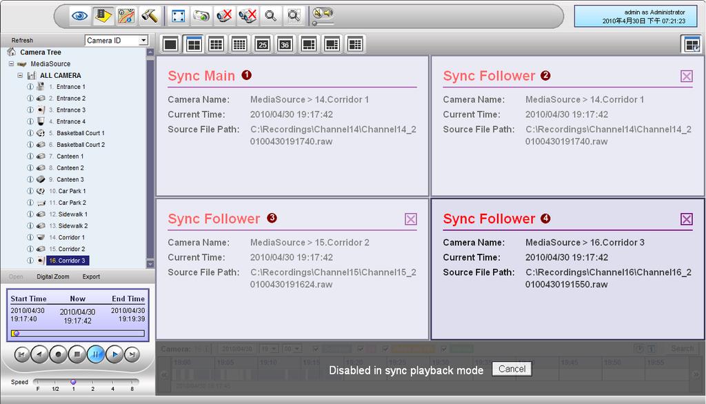 Sync Main and Sync Follower NVR 2.3 (V2.3.05.11) User s Manual Fig. 93 Sync Main and Sync Follower 1. Sync Main: This is the Main channel/file that the other channels would synchronize to. 2. Sync Follower 1: Drag/add the channel you want to synchronize with Sync Main here.