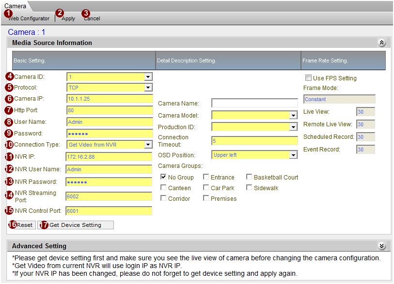 Connection Setting Production Setting Frame Rate Setting 1 Fig. 16 Camera Setup Manual - Connection Settings 1.