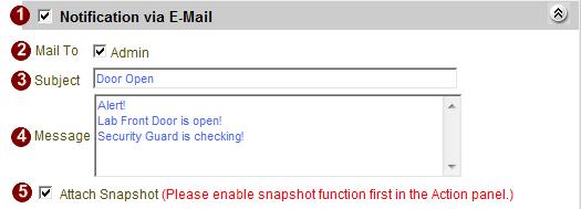 Mail Notification Setup This section lets you setup the E-mail notification. Fig. 39 Event Manager Setup - Notification via Email 1.