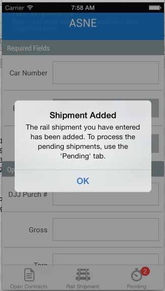 ASNE SHIPMENT ADDED CONFIRMATION SCREEN Upon tapping the Add Line button on the Shipment Notice Entry Scree, you will receive the Shipment Added message and the notice will be added tot he pending