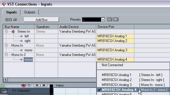 Adding Inputs Now let s open the Input tab and set up the inputs we are going to use for recording into Cubase LE. 1. Do the same as mentioned above for the outputs. Right-click and select Remove Bus.