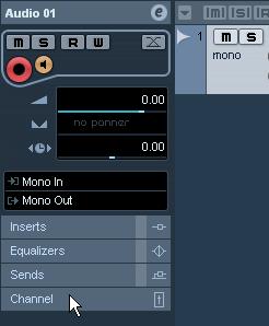 3. In the Inspector, open the Channel tab. This will display the channel fader for the selected track. Click here to display the channel fader.
