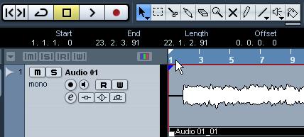 Double-click in the lower half of the ruler. 3. Click the Play button on the Transport panel and Cubase LE will play looping over and over until you click Stop.