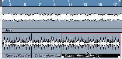 7. You can now split the Elec Guitar_01 event precisely to the bar. Cut on bars 6, 10 and 14.