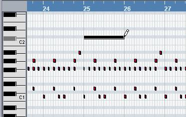 2. Select the Pencil tool of the Key Editor and draw in the crash cymbal note at bar 25 by clicking and dragging for a full bar. 4.