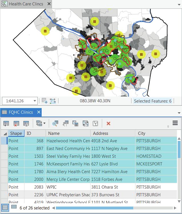 -3: Work with attribute data GIS for ArcGIS Pro 23 Select records and features of a map feature class. Open the attribute table for FQHC Clinics. 2. In the table on the left of row, click the square gray cell, press and hold your mouse button, and drag down through row 6.