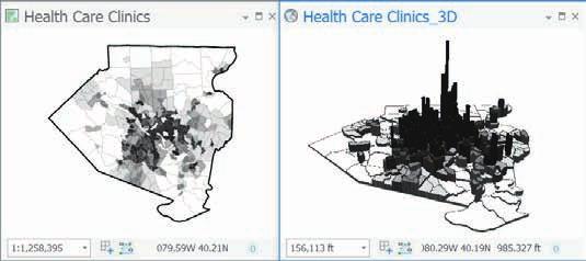-4: Symbolize maps GIS for ArcGIS Pro 3 Arrange 2D and 3D maps side by side The -4 project file has a 3D version of Population Density, with population density extruded vertically by census tract