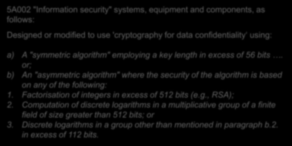 or; b) An "asymmetric algorithm" where the security of the algorithm is based on any of the following: 1. Factorisation of integers in excess of 512 bits (e.
