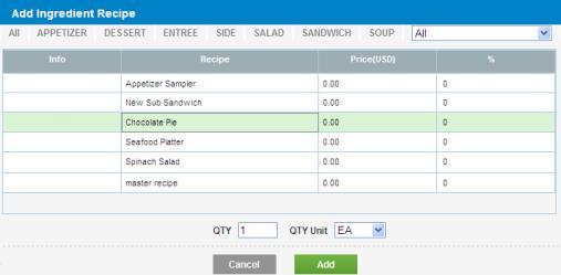 adding ingredient recipes The Add Ingredient Recipe button allows you to add existing recipes or a subplate.