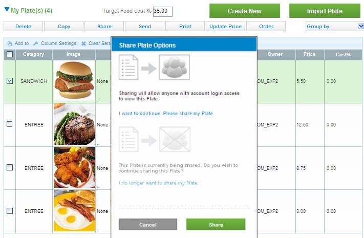 sharing plates Use the Share feature to share your plate with all users with access to the account.