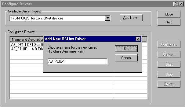 2-4 Connecting a Computer to the ControlNet Network 3. Name the new ControlNet driver. A. Name the driver. This example shows the default name (i.e.,ab_pcic-1 that RSLinx uses.