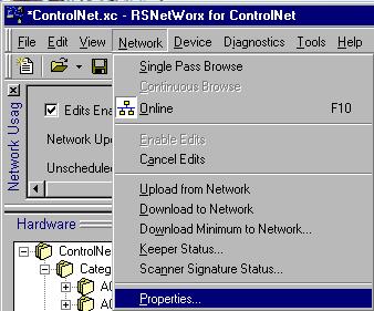 Configuring a ControlNet Module 3-19 8. Access the network properties. A. Click Network. B. Click Properties. 9. Configure the network parameters. A. Configure the network parameters. B. Click OK.